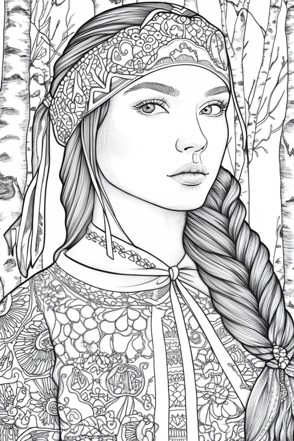 Bohemian braided girl, realistic illustration style — free printable ethnic culture coloring book page