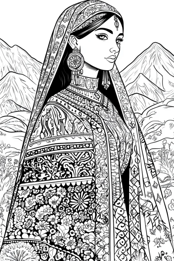 Middle eastern woman in traditional embroidered attire, middle eastern cultural style — free printable middle east coloring book page