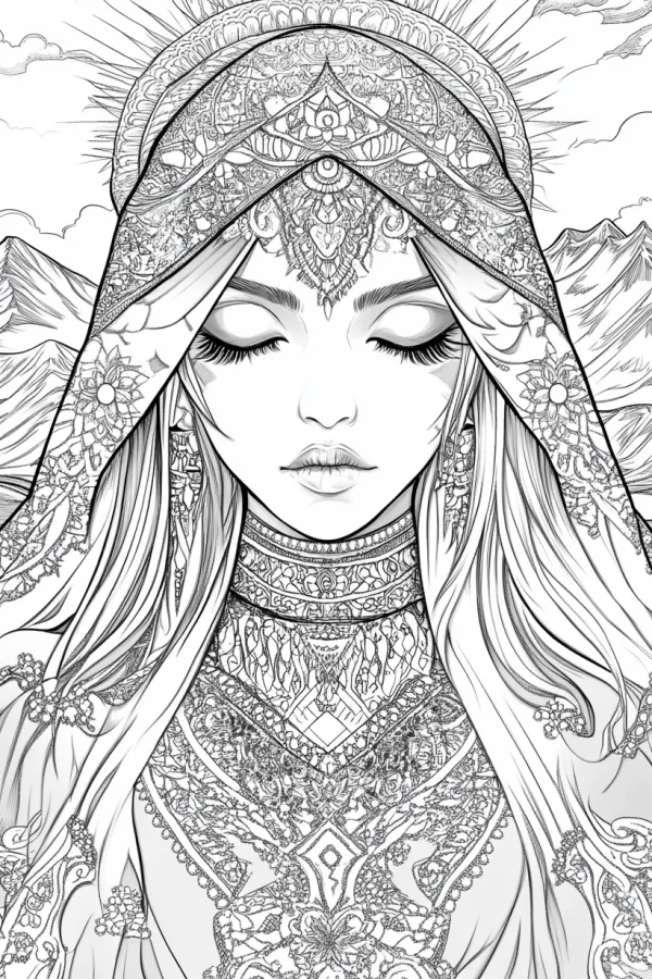 Closed-eyed girl with ornate ethnic headdress, ethnic decorative art style — free printable ethnic culture coloring book page
