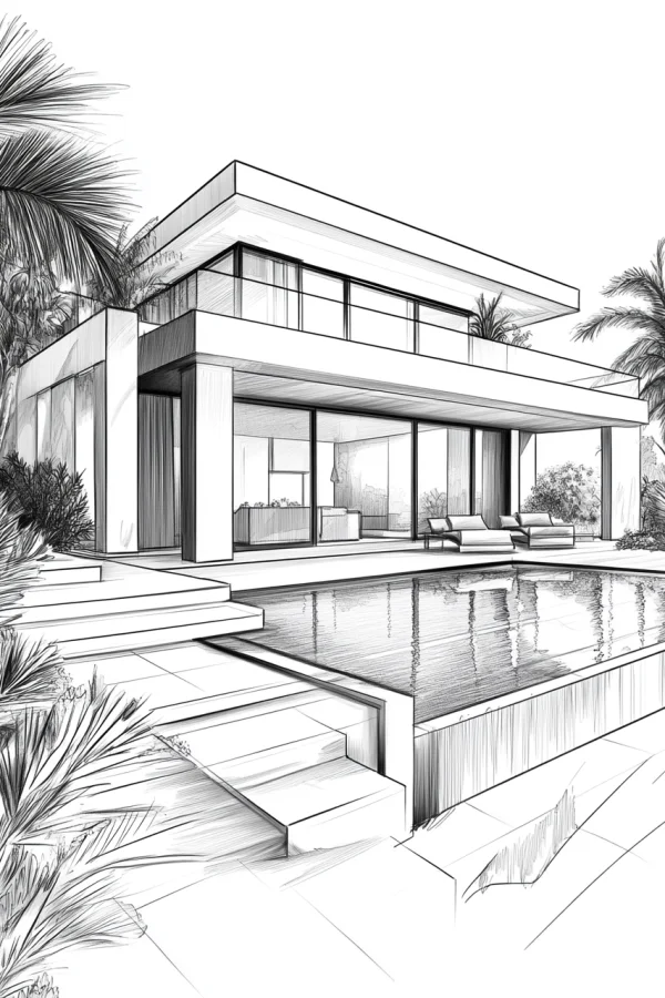Modern villa with swimming pool, realistic sketch style — free printable residential coloring book page