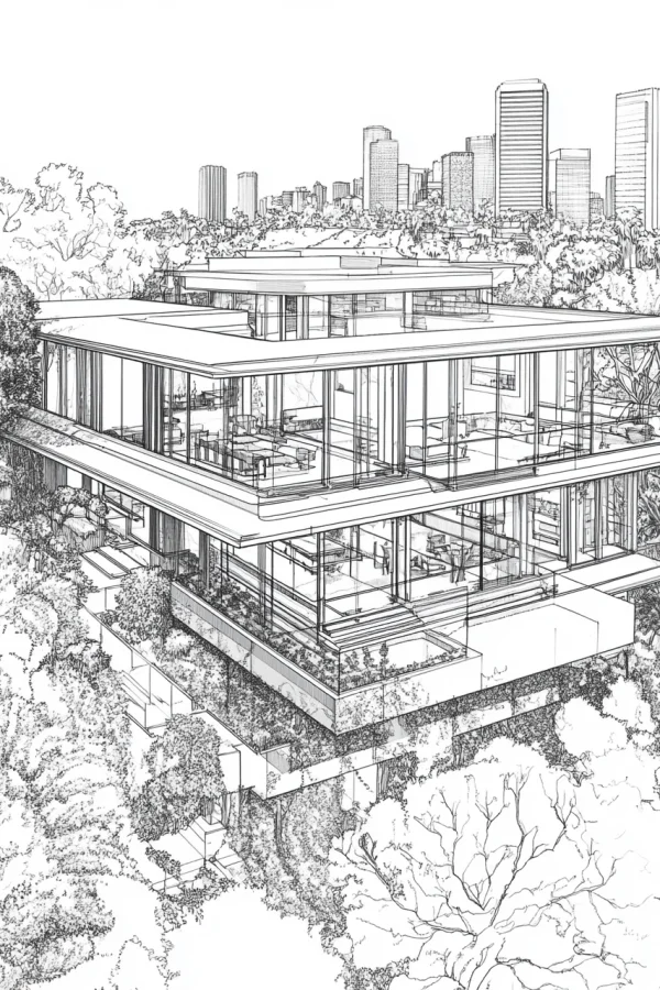Modern hillside villa with glass curtain walls, architectural sketch style — free printable modern architecture coloring book page