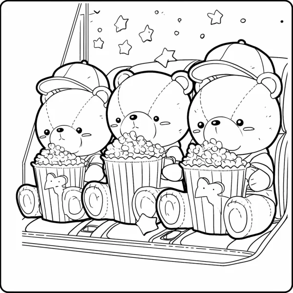 Three teddy bears wearing baseball caps holding popcorn buckets, sitting in movie theater seats — free printable entertainment coloring book page