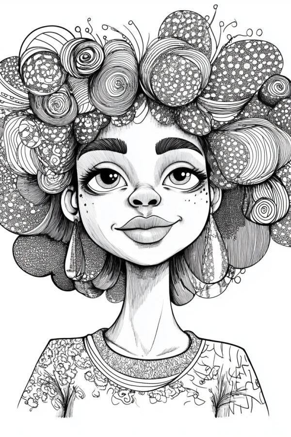 Curly-haired cartoon girl, cartoon style — free printable portrait coloring book page