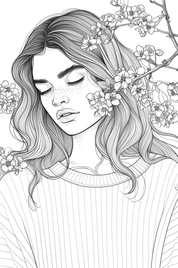 Curly-haired girl with closed eyes surrounded by flower branches, sketch style — free printable flower season coloring book page