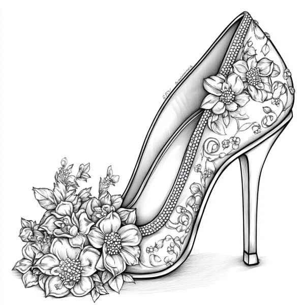 Floral decorated high heel shoe, realistic sketch style — free coloring book page
