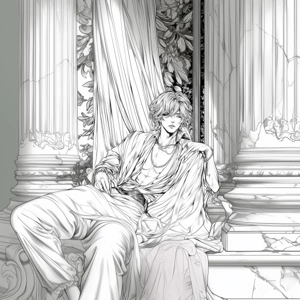 Classical style handsome male character, sitting on stone steps between roman columns with draping curtains and floral decorative patterns — free printable classical coloring book page