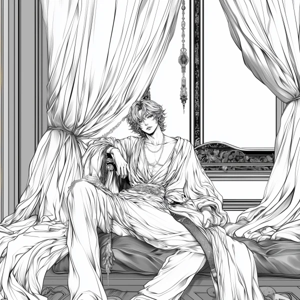 Vintage court handsome man resting on couch, anime and retro art style — free printable court coloring book page