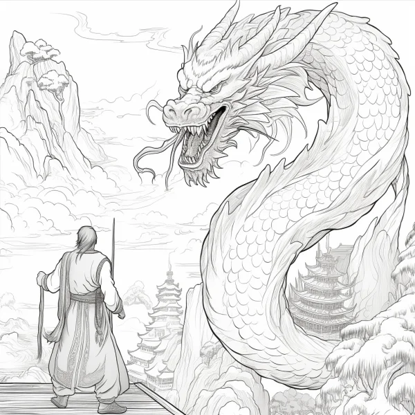 Swordsman and chinese dragon, chinese traditional style — free printable martial arts coloring book page