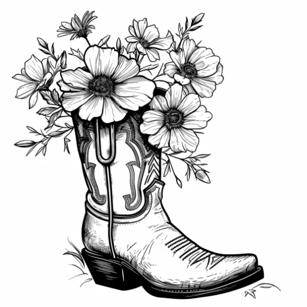 Cowboy boot with blooming flowers, western retro sketch style — free printable western style coloring book page