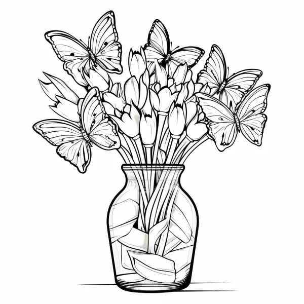 Glass vase with tulip buds and butterflies, sketch style — free printable butterfly coloring book page