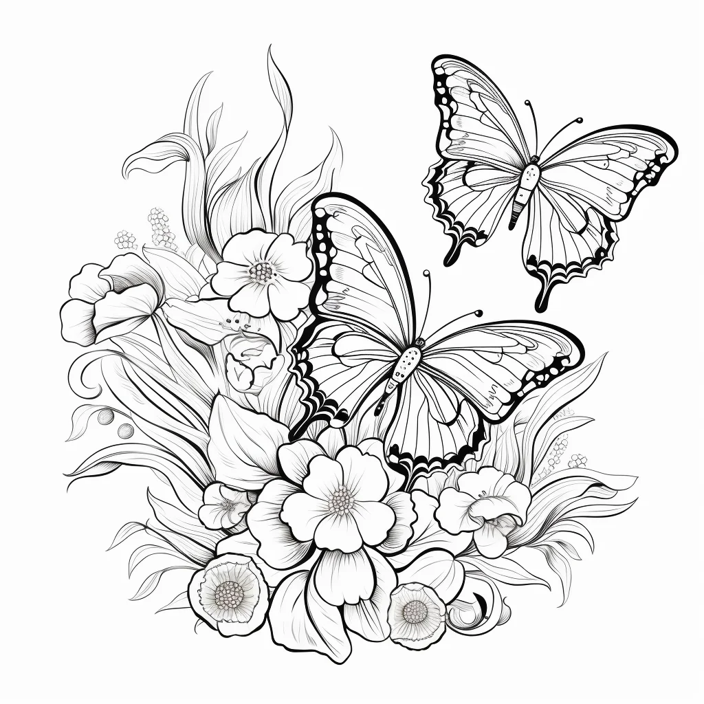 Butterflies surrounded by flowers and leaves, line art style | HiColorist