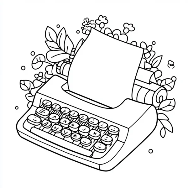 Vintage typewriter with blank paper, surrounded by leaves and small flowers — free printable writing coloring book page