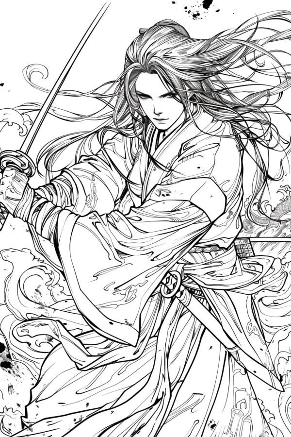Coloring book page, ancient chinese swordsman holding a long sword — free printable martial arts coloring book page