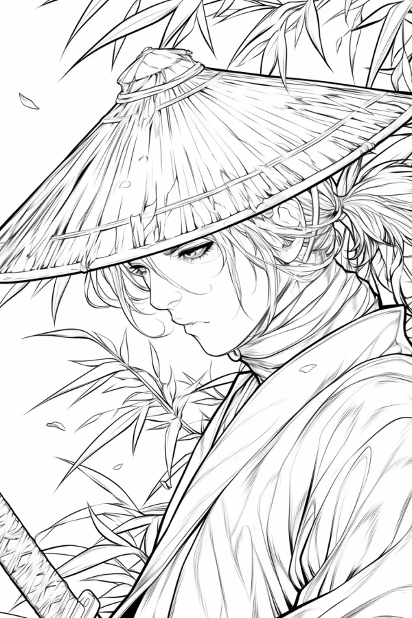 Japanese samurai wearing conical straw hat, anime style — free printable martial arts coloring book page