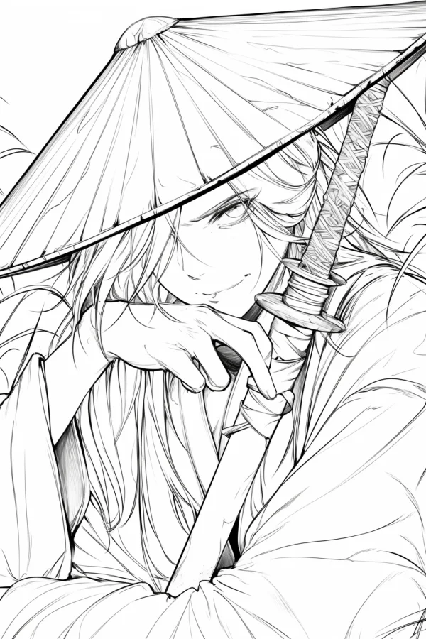 Ancient chinese swordsman wearing a bamboo hat, holding a katana — free printable ancient style coloring book page