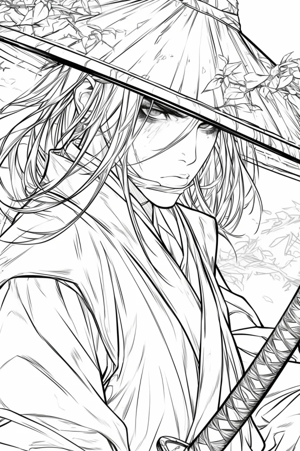 Coloring book page, japanese samurai wearing bamboo hat — free printable martial arts coloring book page