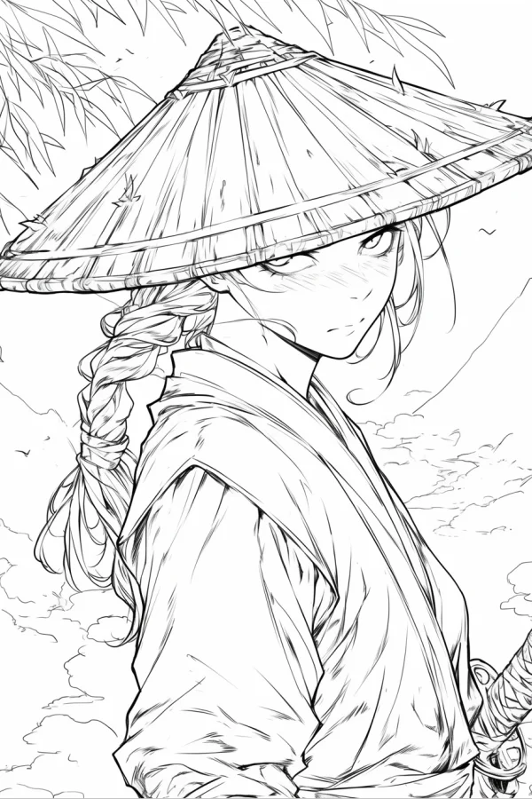 Ancient chinese female swordsman wearing bamboo hat, anime style — free printable martial arts coloring book page