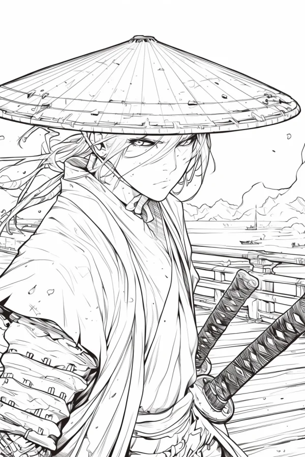 A samurai wearing a conical straw hat, japanese style — free printable ancient style coloring book page