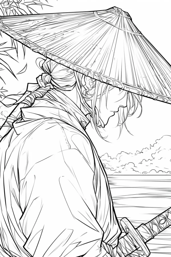 Chinese ancient swordsman with conical hat, chinese anime style — free printable martial arts coloring book page