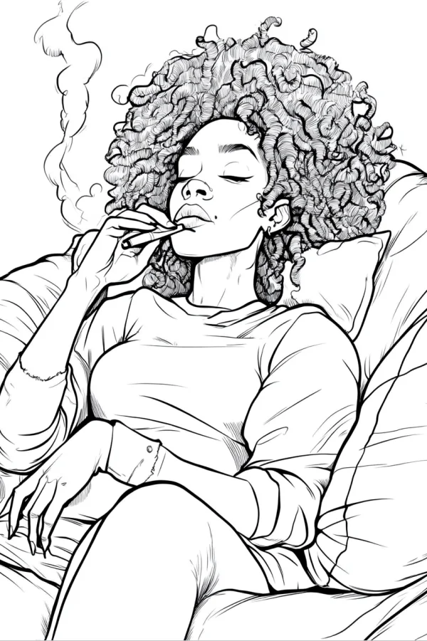 Relaxed curly-haired woman lying on sofa holding a cigarette, realistic illustration style — free printable daily leisure coloring book page