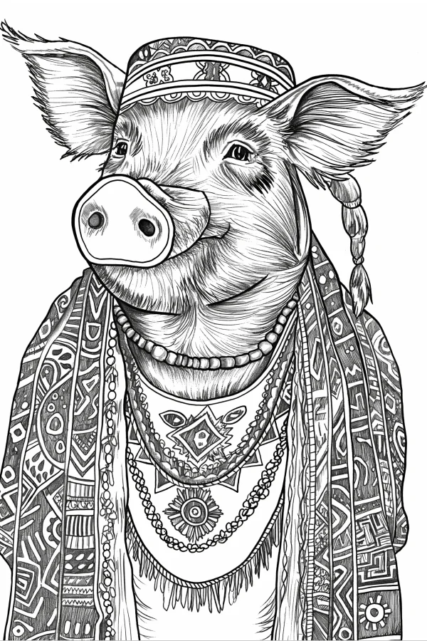 Anthropomorphic pig in bohemian style, wearing patterned headscarf — free printable personification coloring book page