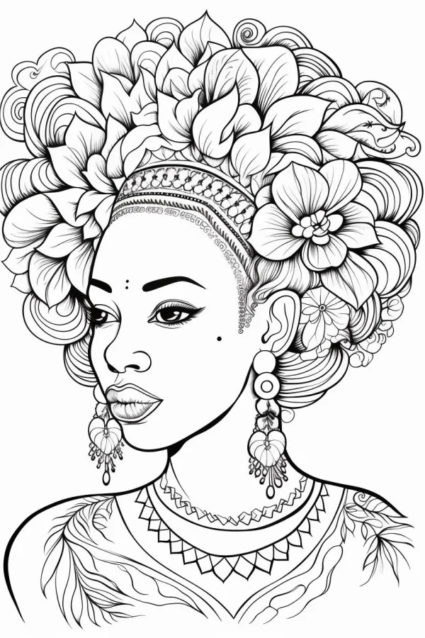 African style woman with large floral headdress, ethnic tribal pattern details on jewelry and clothing — free printable africa coloring book page