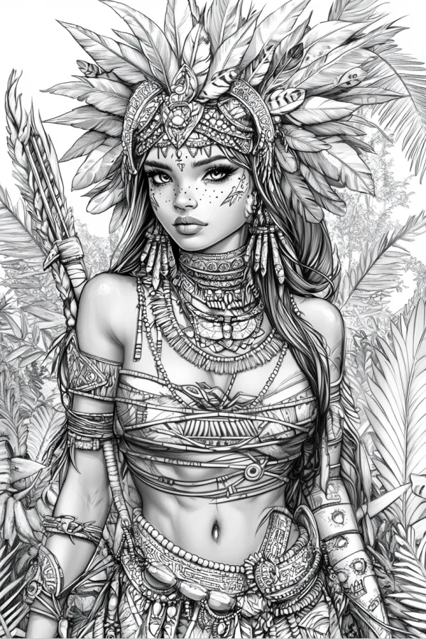 Indigenous tribal girl, tribal art style — free printable tribal culture coloring book page