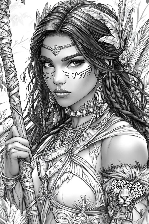 Tribal native girl with cheetah, tribal cultural style — free printable tribal culture coloring book page