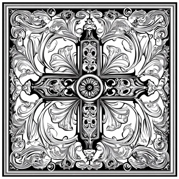 Baroque cross with intricate scrollwork, decorative art style — free printable classical coloring book page