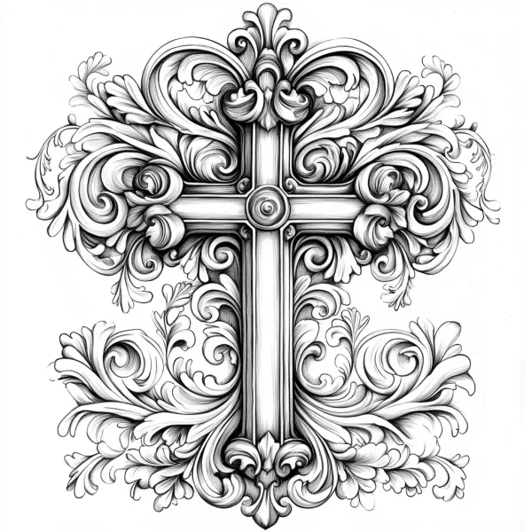 Baroque style cross with intricate scrollwork, floral patterns and swirls — free printable baroque coloring book page