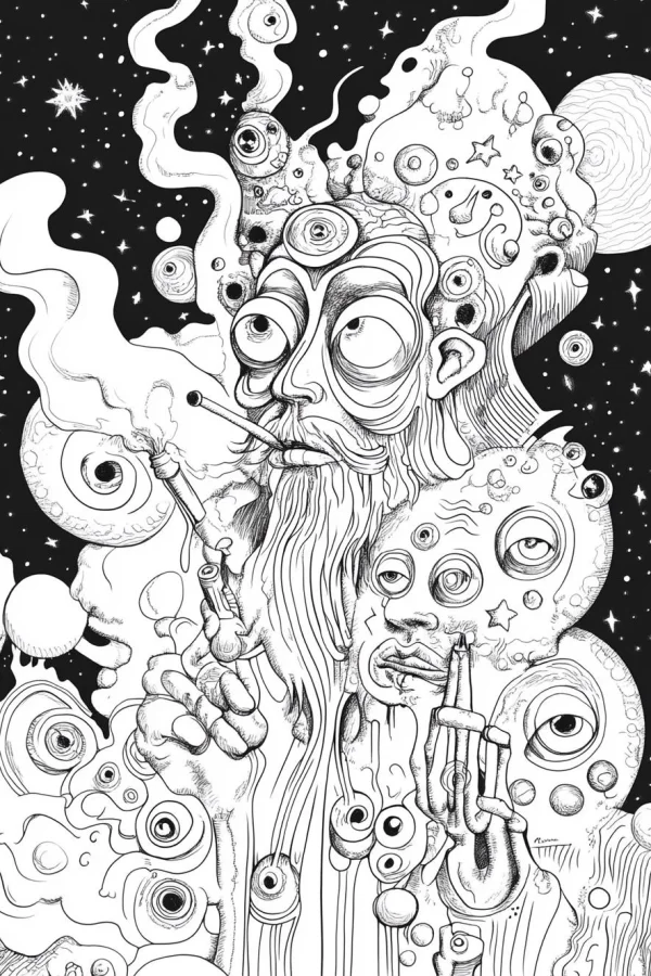 Multi-eyed weird old man holding a smoking pipe, surreal abstract doodle style — free printable dreams coloring book page