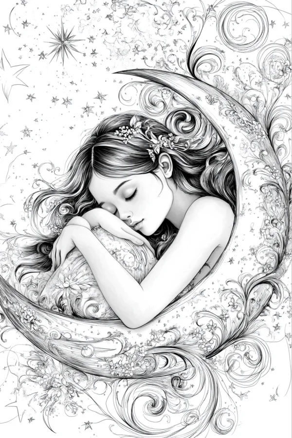 Sleeping girl on crescent moon, fantasy fairy tale style — free printable dreams coloring book page