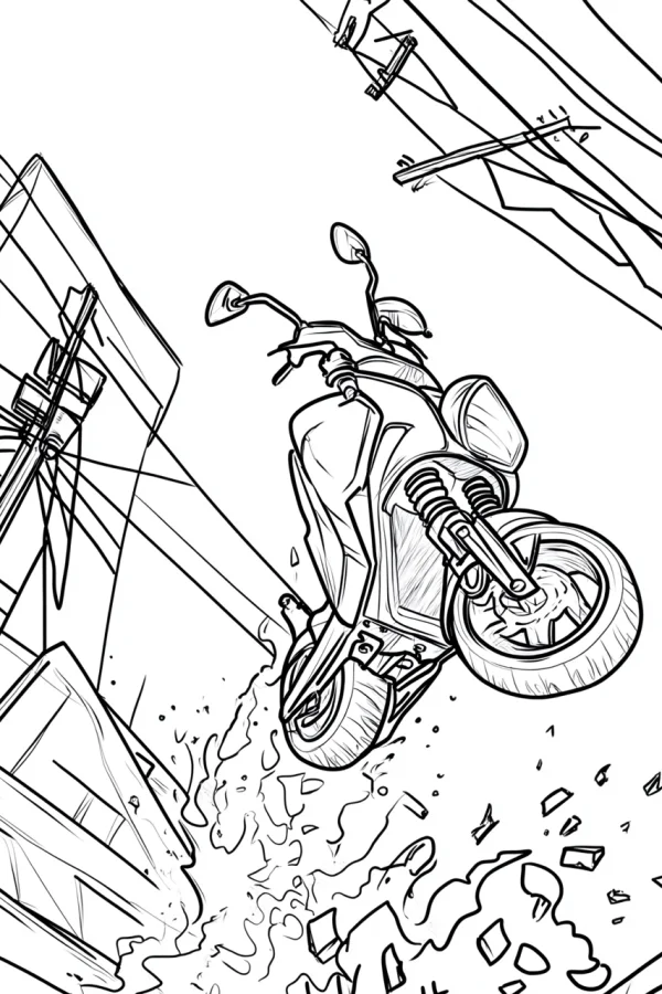 Stunt scooter performing a jump, sketch style — free printable street coloring book page