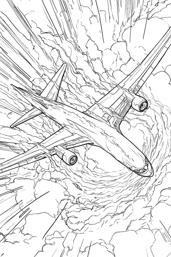 Passenger airplane caught in a violent storm, realistic style — free printable disaster coloring book page