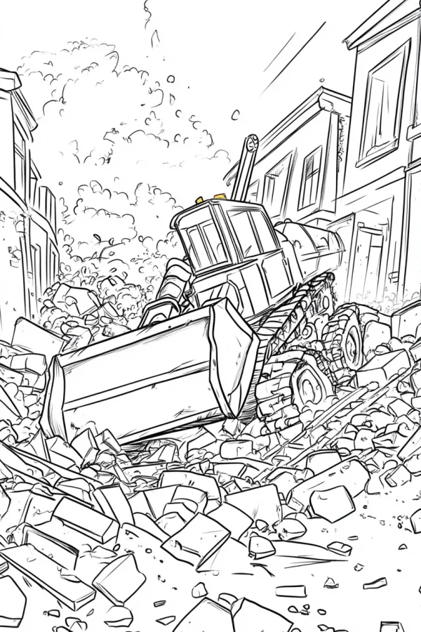 Tracked bulldozer demolishing urban buildings, realistic line art style — free printable city scene coloring book page