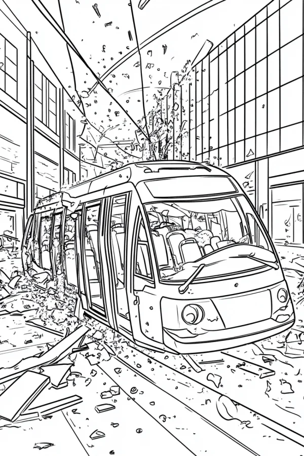 Damaged tram in urban ruins, realistic style — free printable disaster coloring book page