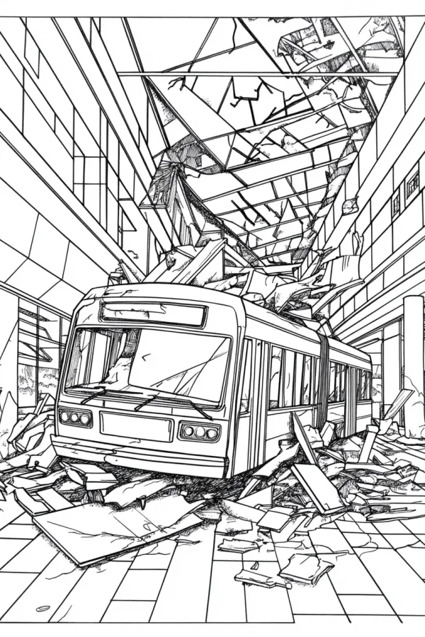 Tram crashing into a damaged building in post-apocalyptic urban ruins, realistic style — free printable disaster coloring book page