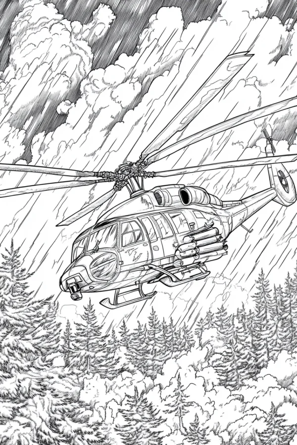 Military helicopter flying over coniferous forest in rainy weather, realistic sketch style — free printable military coloring book page