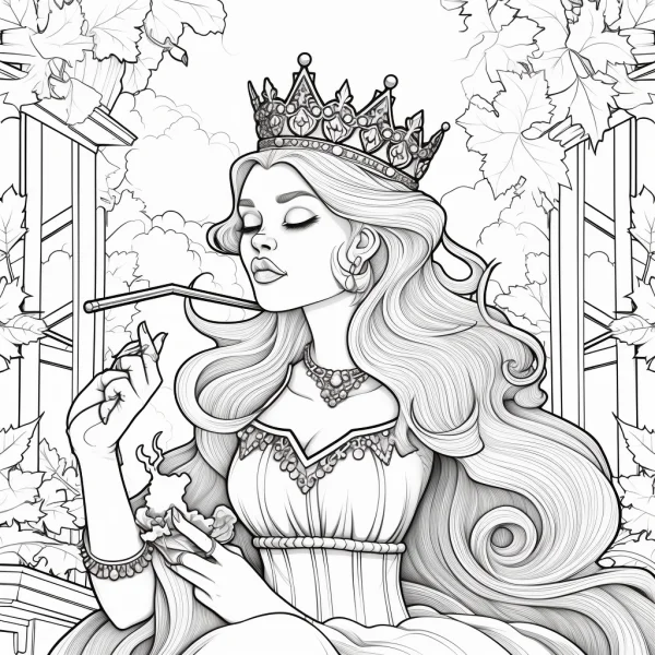 Long-haired palace princess with crown, fairy tale style — free printable court coloring book page