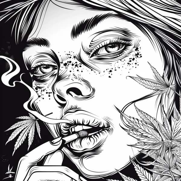 Woman smoking marijuana cigarette, realistic line art style — free printable alternative culture coloring book page