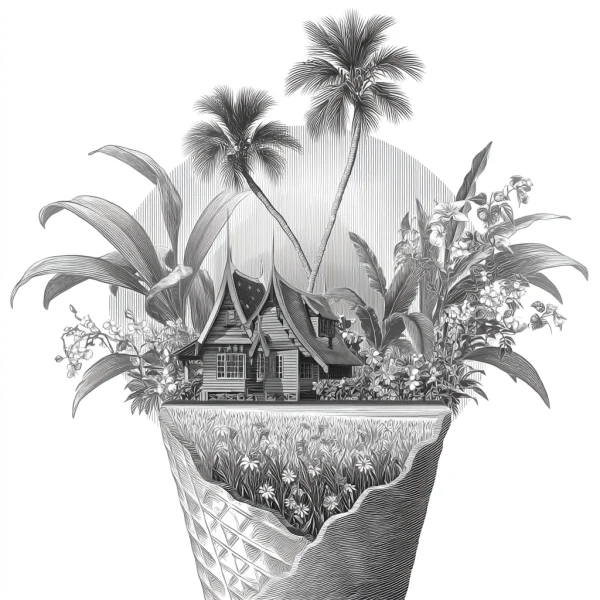 Southeast asian pastoral cottage in a cone-like container, with tropical palm trees — free printable southeast asian culture coloring book page