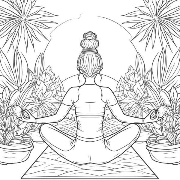 Back view of girl doing yoga in lotus pose, surrounded by various potted tropical plants — free printable yoga coloring book page