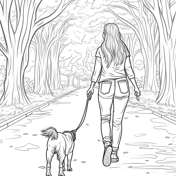 Girl walking a dog on a forest path, realistic illustration style — free printable hiking coloring book page