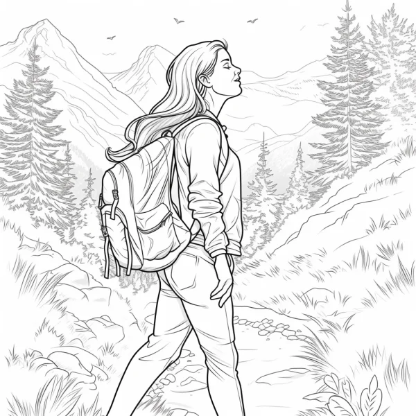 Hiking girl with backpack, realistic illustration style — free printable hiking coloring book page