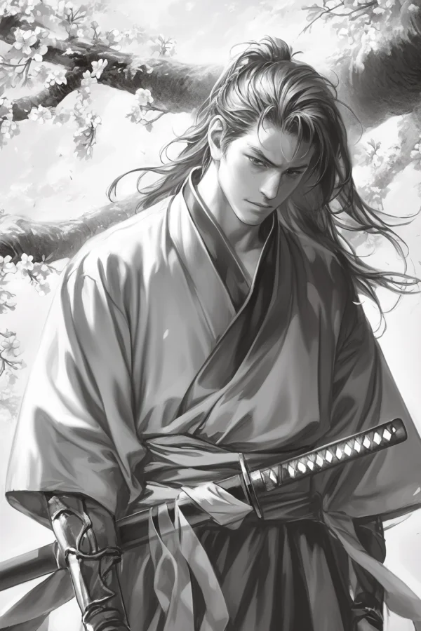 Japanese samurai in traditional kimono with katana, standing under cherry blossom tree — free printable martial arts coloring book page
