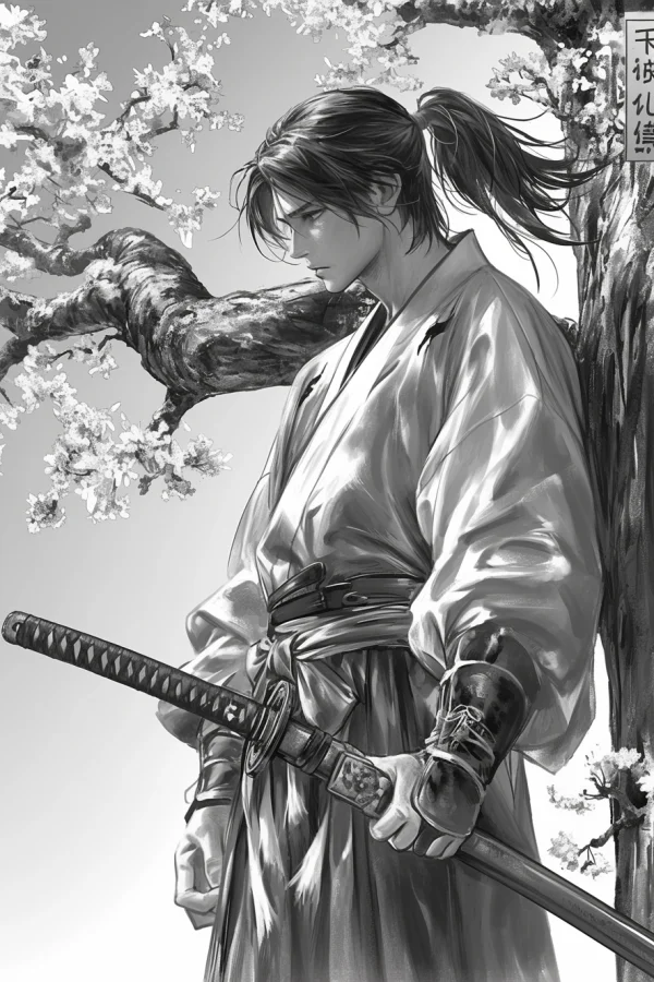 Samurai in kimono standing under cherry blossom tree, japanese traditional style — free printable samurai coloring book page