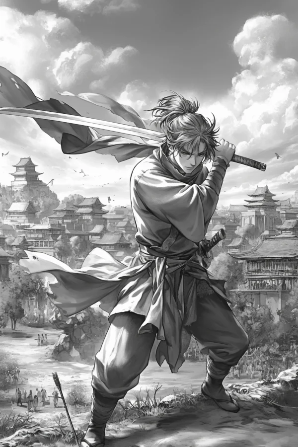 Samurai holding katana in dynamic pose, japanese anime style — free printable samurai coloring book page