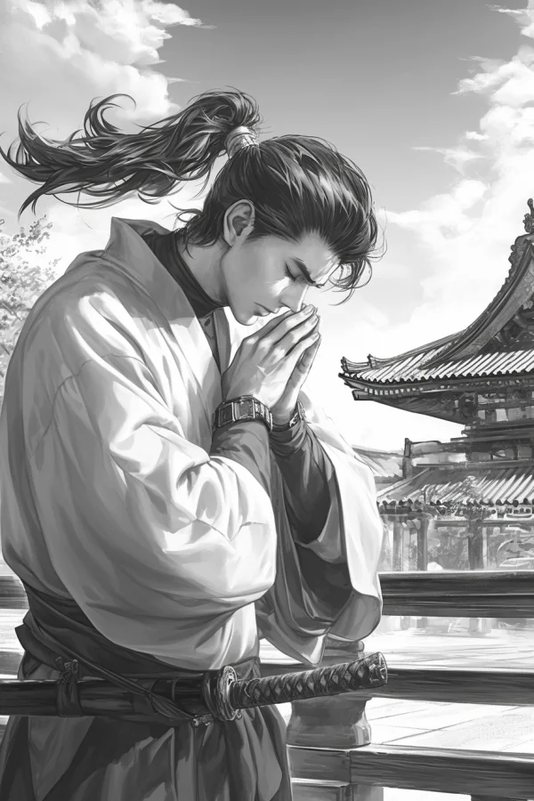 Praying japanese samurai in traditional kimono with katana, anime style — free printable samurai coloring book page