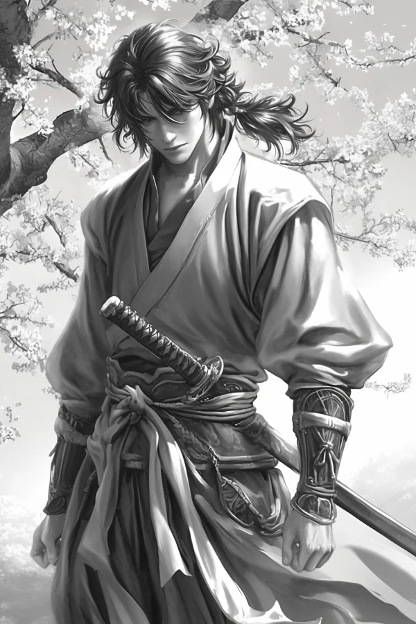 Samurai under cherry blossom tree, japanese style — free printable samurai coloring book page