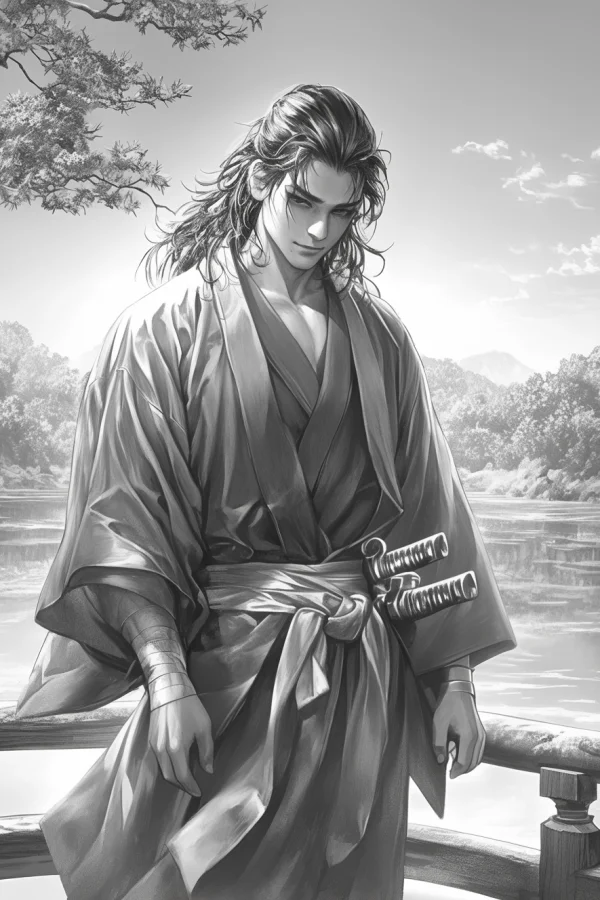 Japanese samurai in traditional kimono, realistic sketch style — free printable samurai coloring book page